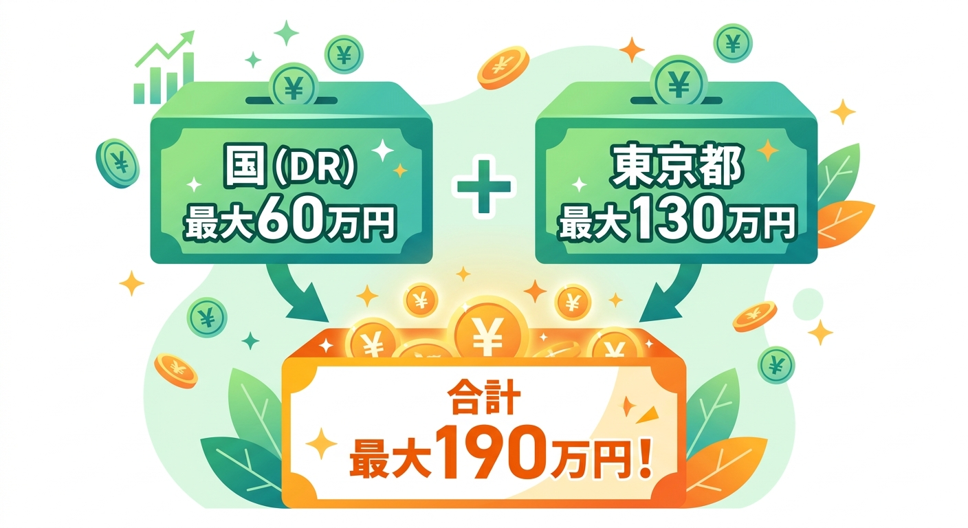 東京都×国で最大190万円。2026年4月から併用OKになった理由の補助金解説図