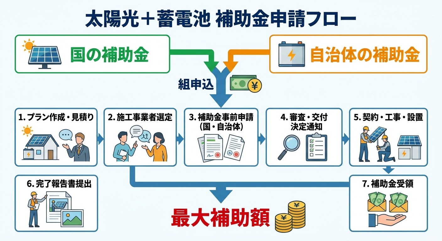 太陽光発電と蓄電池セットで補助金申請する方法【2026年版】国・自治体の併用手順と最大補助額