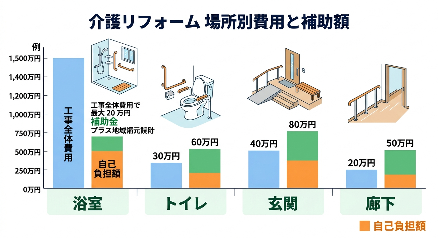 介護リフォームの費用相場2026|場所別の平均額と補助金で自己負担をゼロに近づける方法の補助金解説図