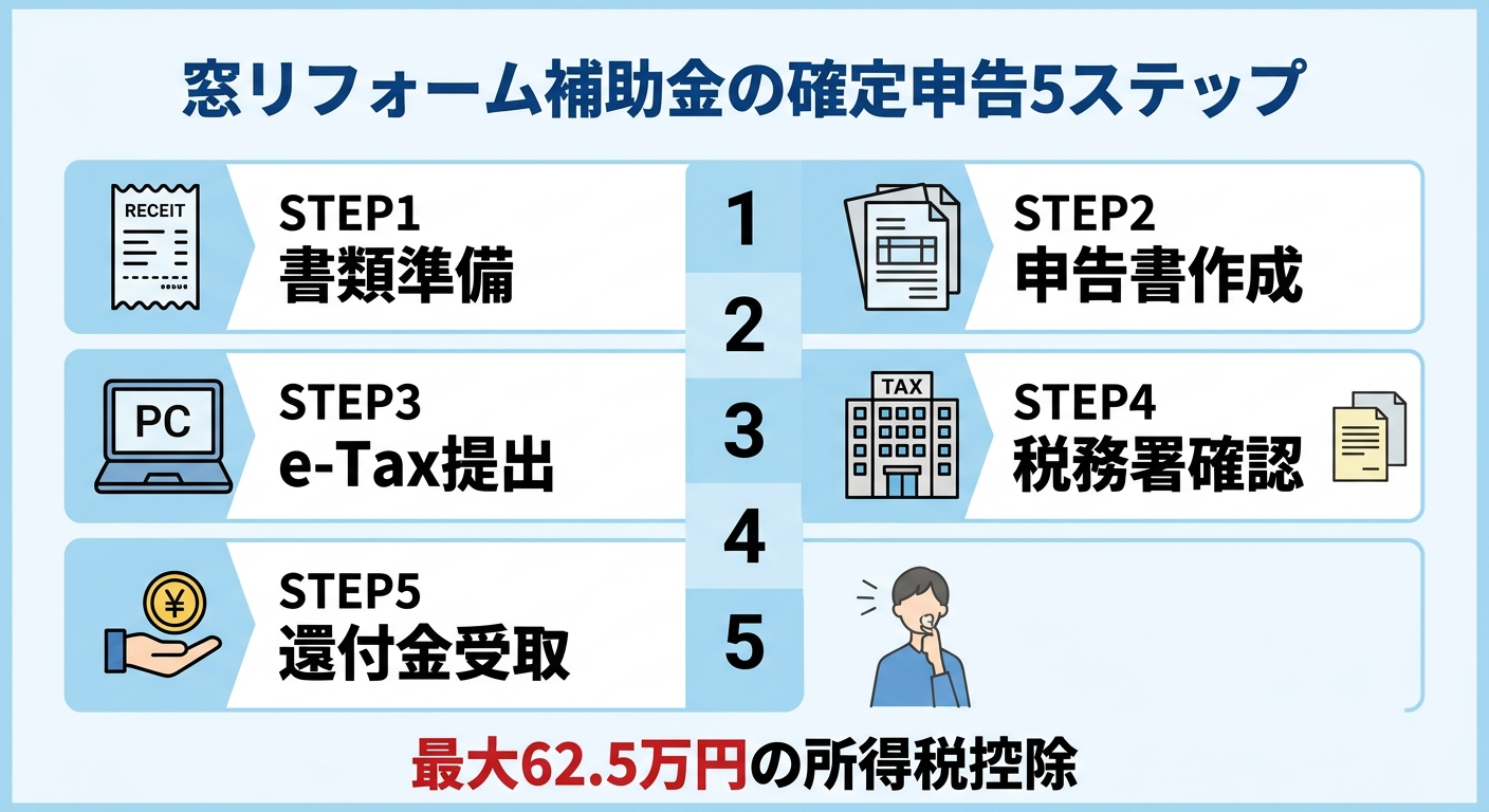 窓リフォーム補助金と確定申告|申告方法・必要書類・減税額をわかりやすく解説【2026年版】の補助金解説図
