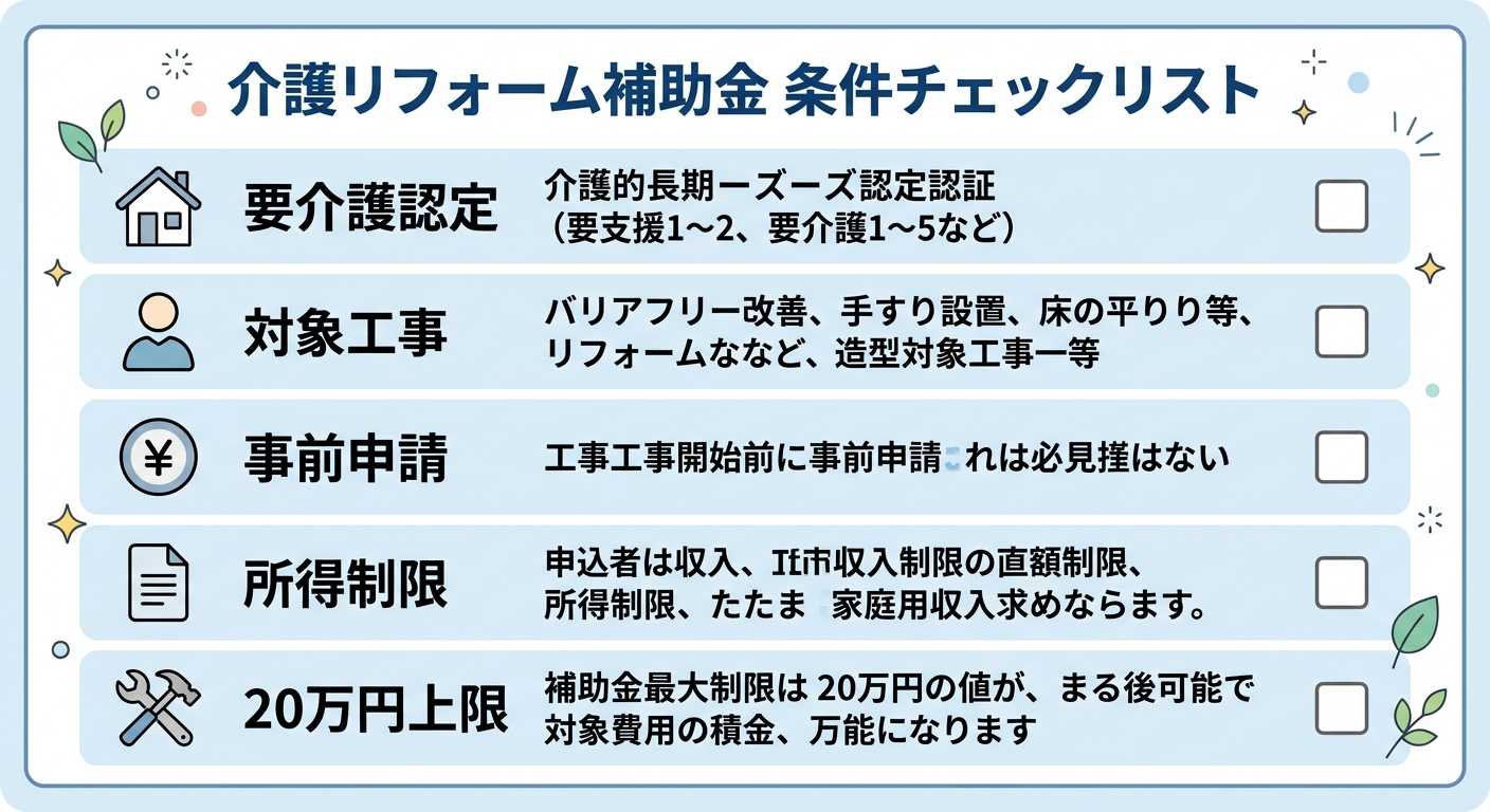 介護リフォーム補助金の条件一覧2026｜要介護度・対象工事・所得制限を徹底解説の補助金解説図