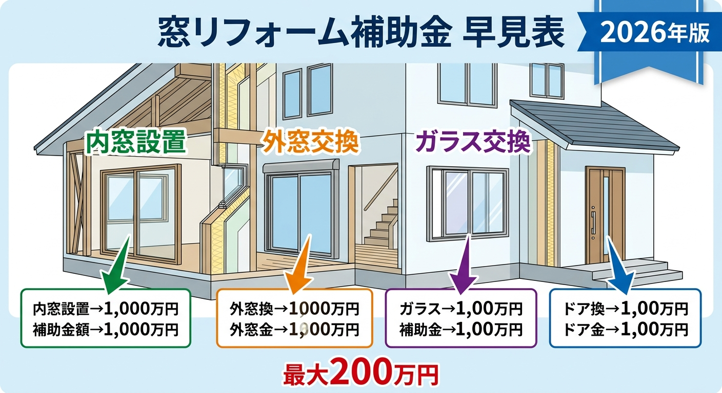 窓リフォーム補助金シミュレーション2026|窓の種類×枚数で補助額を自動計算の補助金解説図