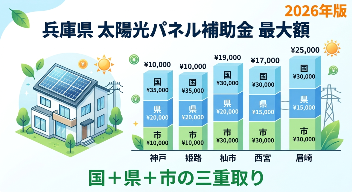 兵庫県 太陽光パネル補助金2026|申請方法・条件・最大いくらもらえる?の補助金解説図
