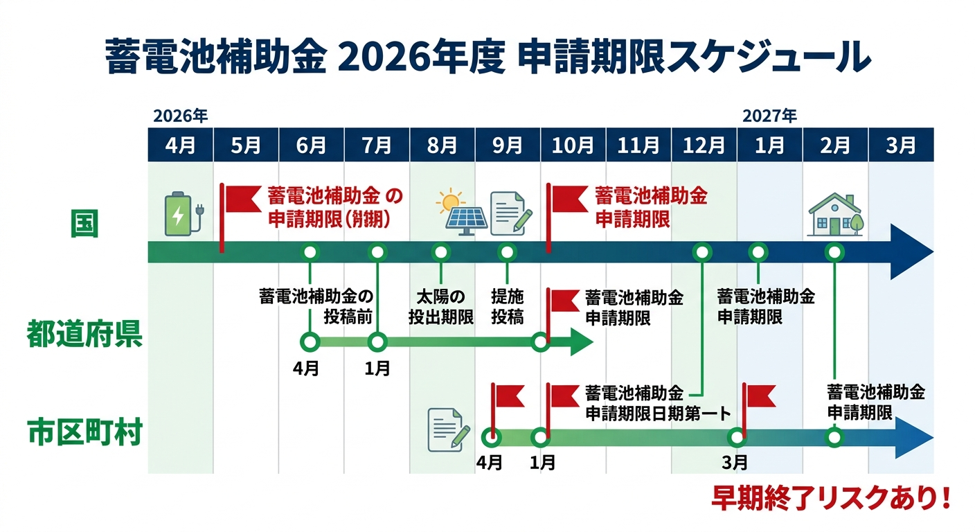 蓄電池補助金の申請期限はいつまで？2026年度の締切スケジュールと早期終了リスク