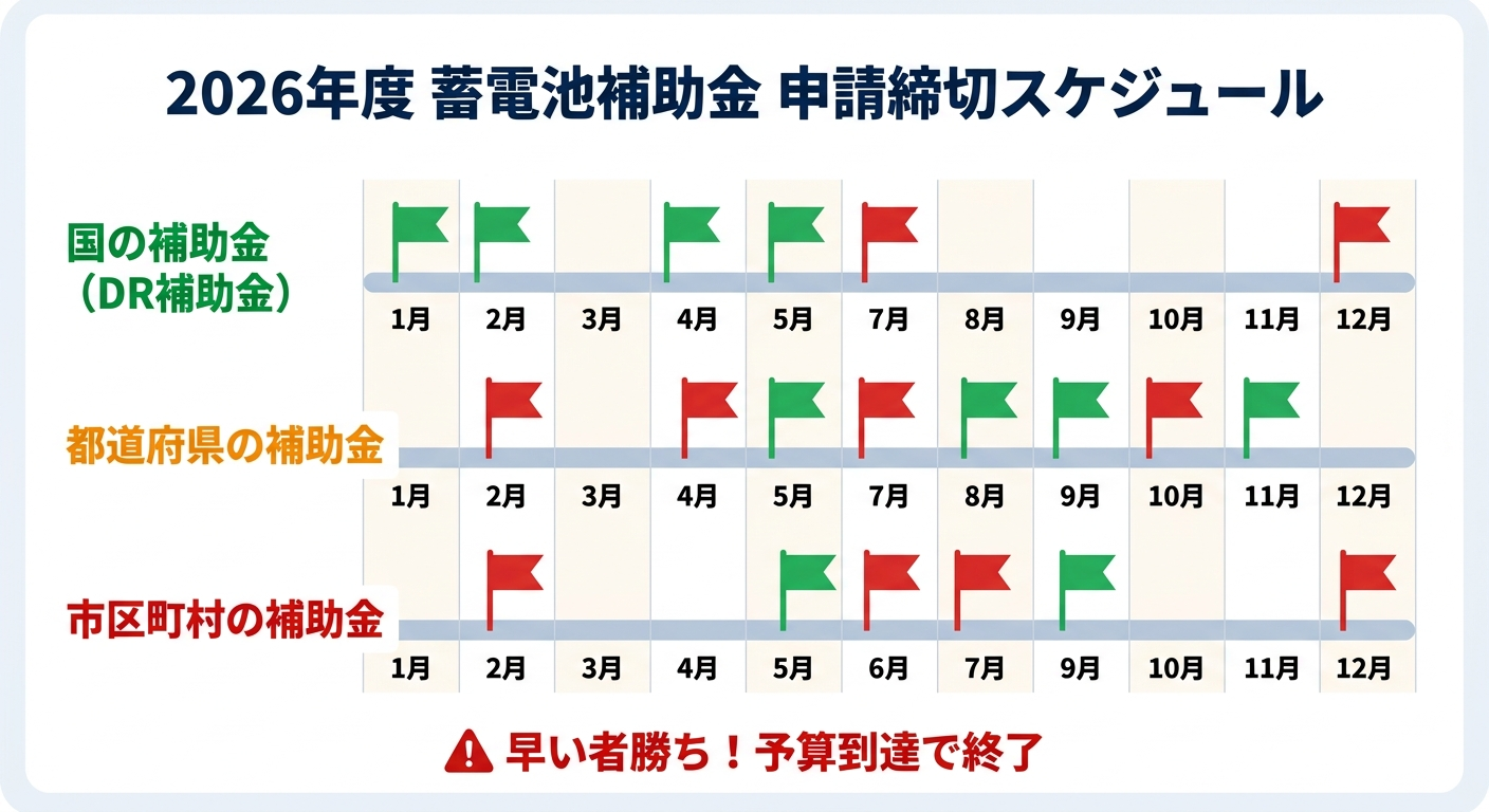蓄電池補助金の申請期限はいつまで？2026年度の締切スケジュールと早期終了リスク