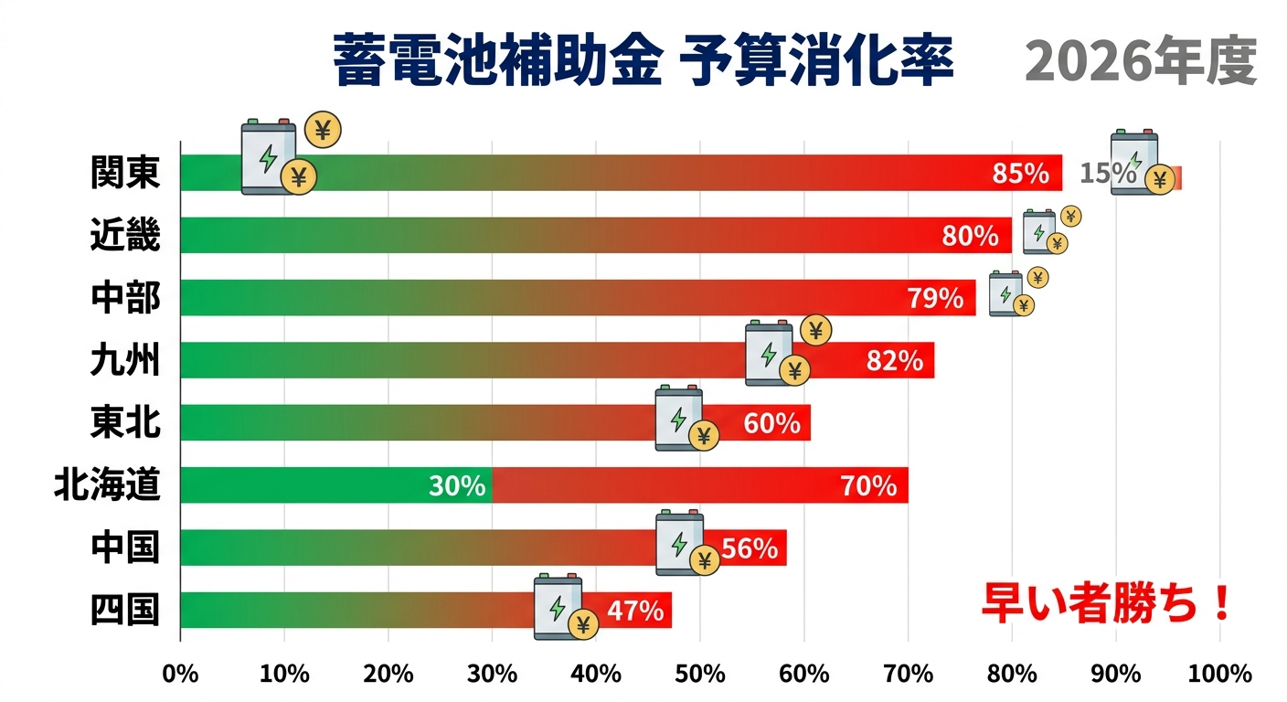 蓄電池補助金の申請状況2026｜国・都道府県別の残り予算と締切予測まとめ
